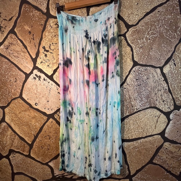 Hand Tie Dye cotton smocked textured soft beach pants wide leg 1 of a kind - Picture 1 of 9